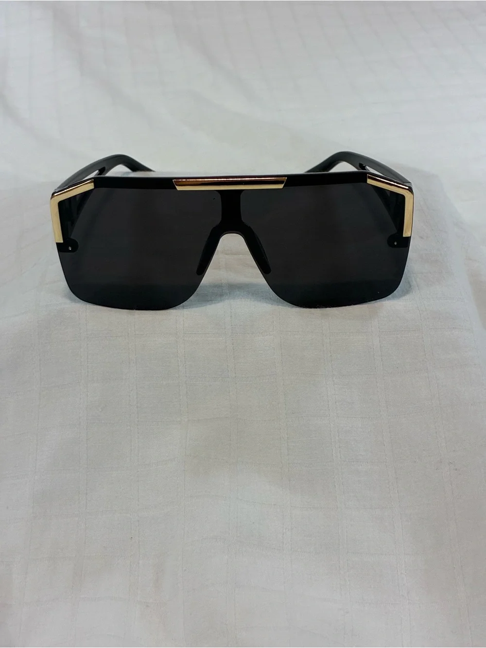 Men’s Black Shield Sunglasses with Gold Trim